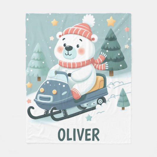 Niedlicher Eisbär Snowmobile Personalisiert Fleecedecke (Vorderseite)