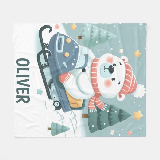 Niedlicher Eisbär Snowmobile Personalisiert Fleecedecke (Vorderseite (Horizontal))