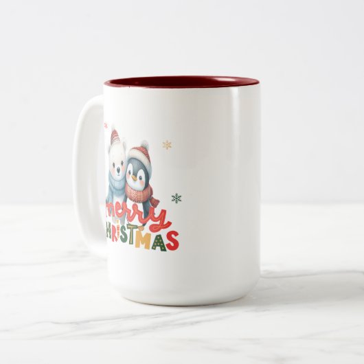 Niedlicher Eisbär und Pinguin Weihnachten Zweifarbige Tasse (Vorderseite Links)