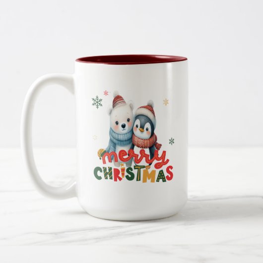 Niedlicher Eisbär und Pinguin Weihnachten Zweifarbige Tasse (Links)