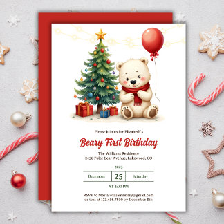 Niedlicher Eisbär Weihnachtsbär 1. Geburtstag Einladung