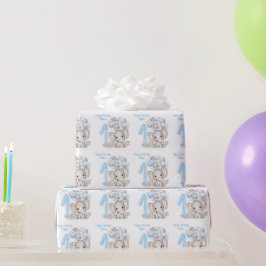 Niedlicher Elefant | 1. Geburtstag Junge Blau Pers Geschenkpapier