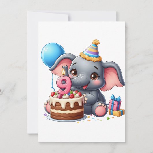 Niedlicher Elefant 9. Geburtstag Einladung (Vorderseite)