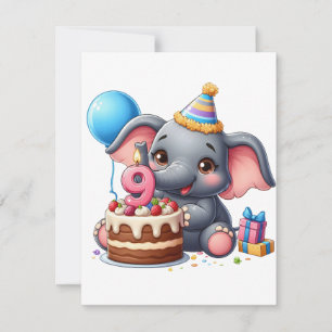 Niedlicher Elefant 9. Geburtstag Mitteilungskarte
