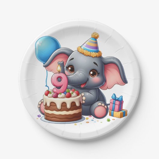 Niedlicher Elefant 9. Geburtstag Pappteller (Vorderseite)