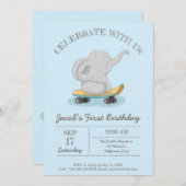 Niedlicher Elefant auf einem Skateboard. Geburtsta Einladung (Vorne/Hinten)