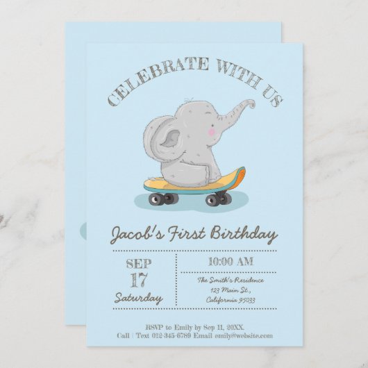 Niedlicher Elefant auf einem Skateboard. Geburtsta Einladung (Vorne/Hinten)