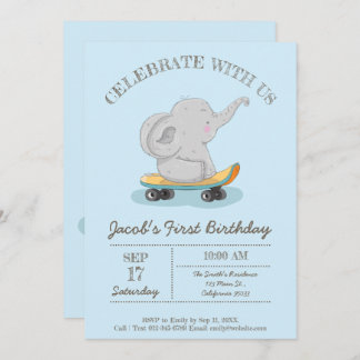 Niedlicher Elefant auf einem Skateboard. Geburtsta Einladung