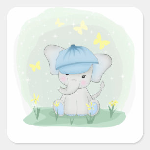 Niedlicher Elefant auf einer Blume Wiese. Quadratischer Aufkleber