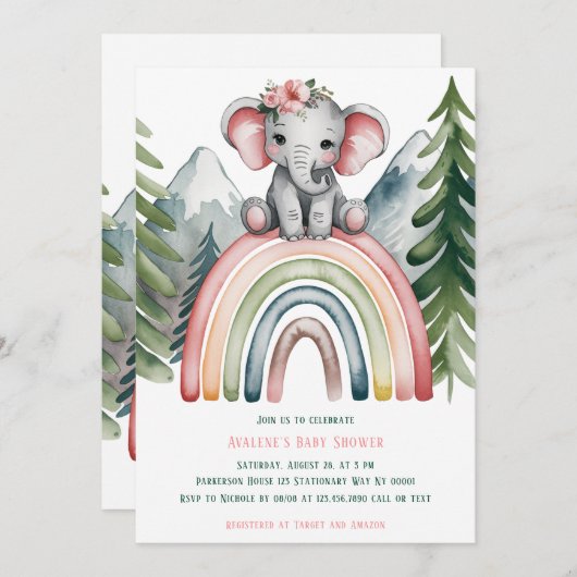 Niedlicher Elefant auf einer Rainbow-Baby-Dusche Einladung (Vorne/Hinten)