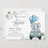 Niedlicher Elefant, Auto, Balloons, Blätter Kinder Einladung (Vorderseite)