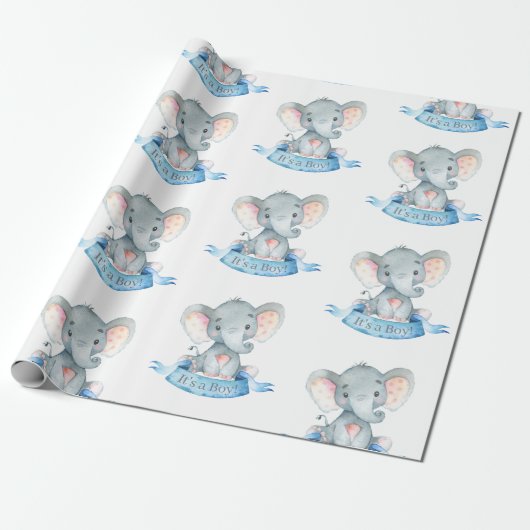 Niedlicher Elefant Baby Boy Blue und Grau Geschenkpapier (Ungerollt)