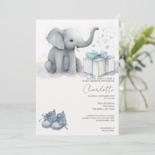 Niedlicher Elefant Baby Boy mit Geschenk-Babydusch Einladung (Stehend Vorderseite)