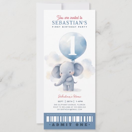 Niedlicher Elefant First Birthday Ticket Einladung (Vorderseite)