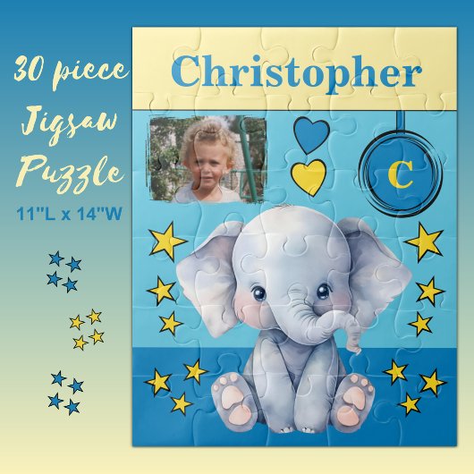 Niedlicher Elefant Foto Name Blue Gelb Kids Puzzle