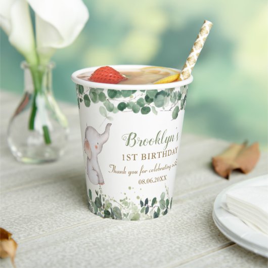 Niedlicher Elefant Grüne Gender Neutral 1. Geburts Pappbecher (In Situ)