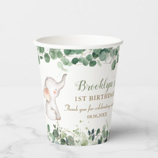 Niedlicher Elefant Grüne Gender Neutral 1. Geburts Pappbecher (Vorderseite)