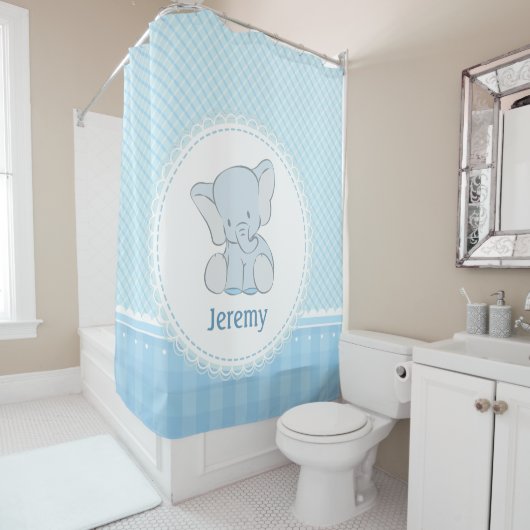 Niedlicher Elefant-hellblaues kariertes für Duschvorhang (Beispiel)