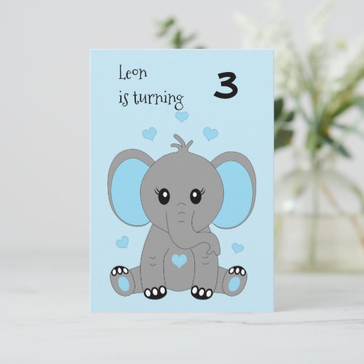Niedlicher Elefant in Blau, Geburtstag von Jungen Einladung (Stehend Vorderseite)