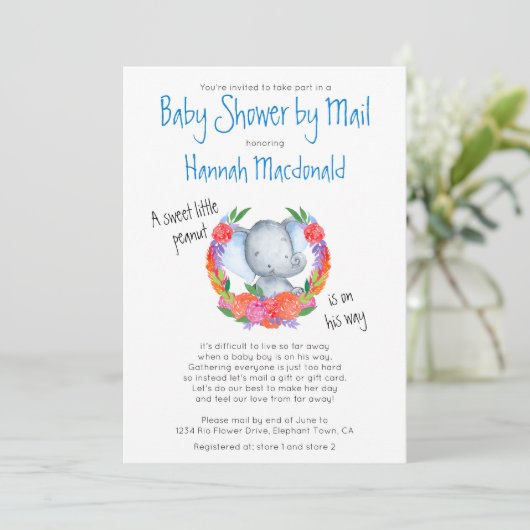 Niedlicher Elefant in Garland Boy Baby Shower by M Einladung (Stehend Vorderseite)