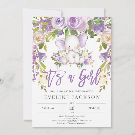 Niedlicher Elefant lila, blumengeschmückte Babydus Einladung (Vorderseite)