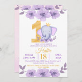 Niedlicher Elefant Lila Flora 1. Geburtstag Einladung (Vorne/Hinten)