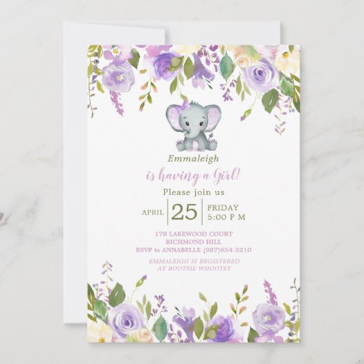 Niedlicher Elefant Lila Spring Floral Baby Dusche Einladung (Vorderseite)