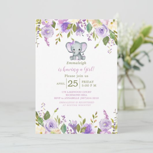Niedlicher Elefant Lila Spring Floral Baby Dusche Einladung (Stehend Vorderseite)