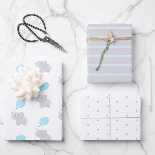 Niedlicher Elefant mit Ballon | Baby Boy Geschenkpapier Set (Vorderseite)