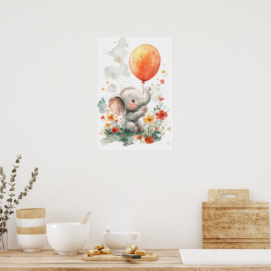 Niedlicher Elefant mit Balloon Aquarell Illustrati Poster (Küche)