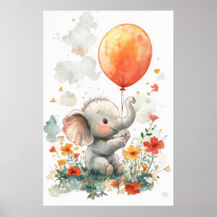Niedlicher Elefant mit Balloon Aquarell Illustrati Poster