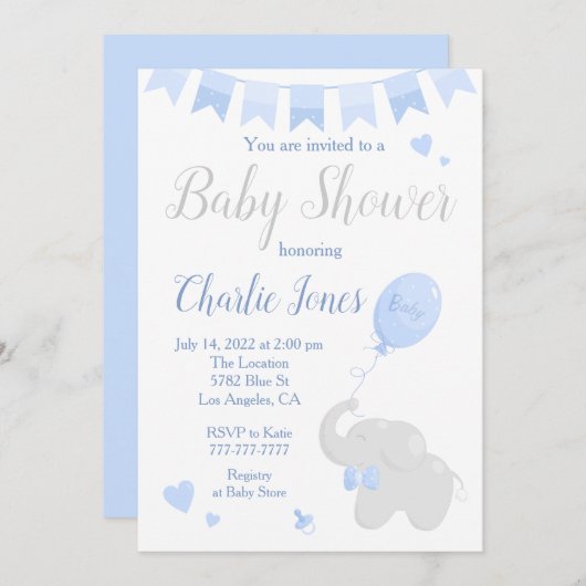 Niedlicher Elefant mit Balloon Baby Shower Boy Einladung (Vorne/Hinten)