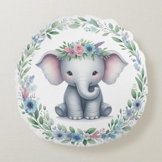 Niedlicher Elefant mit blauer Blume Rundes Kissen (Vorderseite)