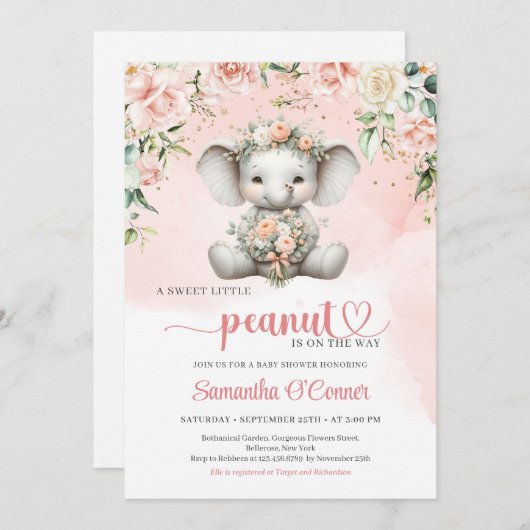 Niedlicher Elefant mit blütigen Blume Einladung (Vorne/Hinten)