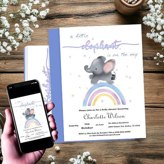 Niedlicher Elefant mit farbenfroher Rainbow Baby-D Einladung