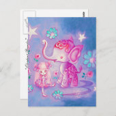 Niedlicher Elefant mit rosa haariges Mädchen Postkarte (Vorne/Hinten)
