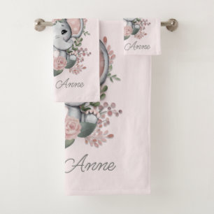 Niedlicher Elefant Rosa Blumengrün Kindername Badhandtuch Set