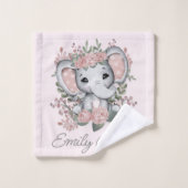 Niedlicher Elefant Rosa Blumengrün Kindername Badhandtuch Set (Waschlappen)