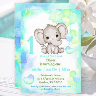 Niedlicher Elefant Summer Colorful Junge 1. Geburt Einladung