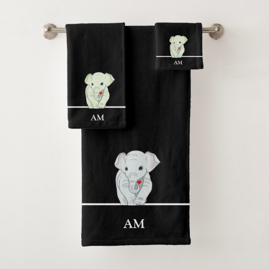 Niedlicher Elefant und Monogramm auf schwarz Badhandtuch Set (Insitu)