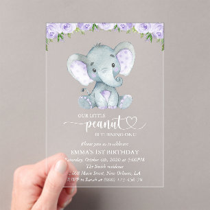 Niedlicher Elefant, violette Blumen, erster Geburt Acryleinladungen