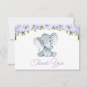 Niedlicher Elefant, violette Blumen, erster Geburt Dankeskarte (Vorderseite)