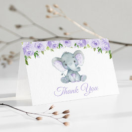 Niedlicher Elefant, violette Blumen, erster Geburt Dankeskarte