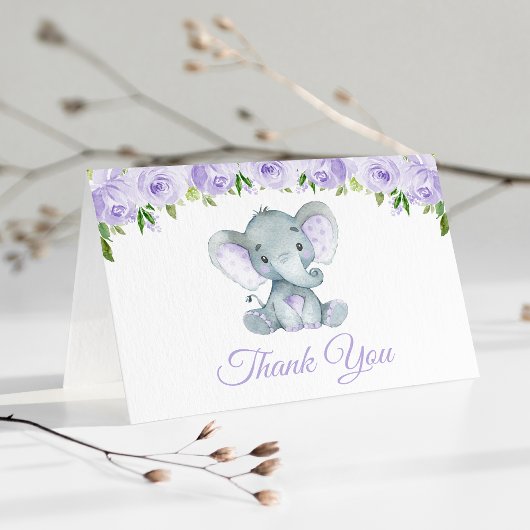 Niedlicher Elefant, violette Blumen, erster Geburt Dankeskarte