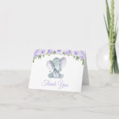 Niedlicher Elefant, violette Blumen, erster Geburt Dankeskarte (Vorderseite)