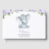 Niedlicher Elefant, violette Blumen, erster Geburt Gästebuch (Vorderseite)