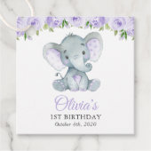 Niedlicher Elefant, violette Blumen, erster Geburt Geschenkanhänger (Vorderseite)