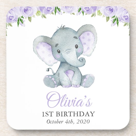 Niedlicher Elefant, violette Blumen, erster Geburt Getränkeuntersetzer (Vorderseite)