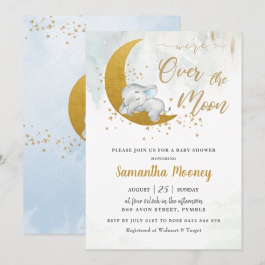 Niedlicher Elefant Wir sind über der Mond-Baby-Dus Einladung (Vorne/Hinten)