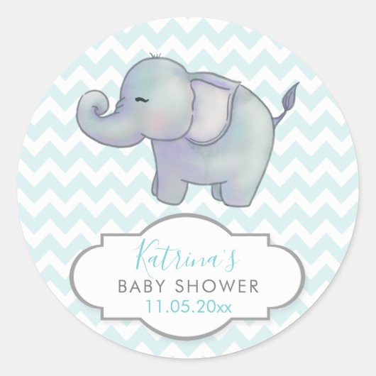 Niedlicher Elefant | Zickzack Blue Baby Dusche Vie Runder Aufkleber (Vorderseite)